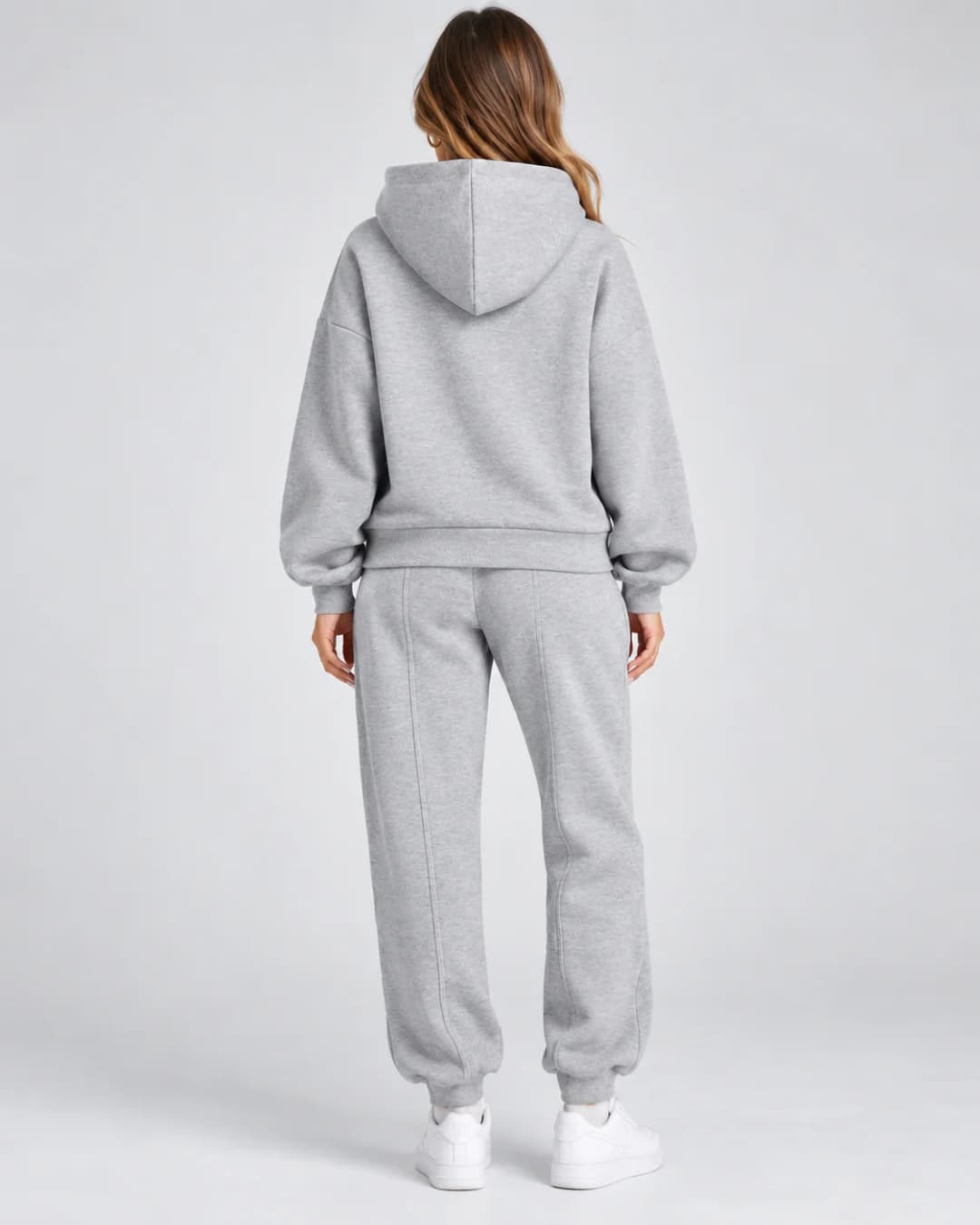 Heather gray hoodie and jogger set, back view