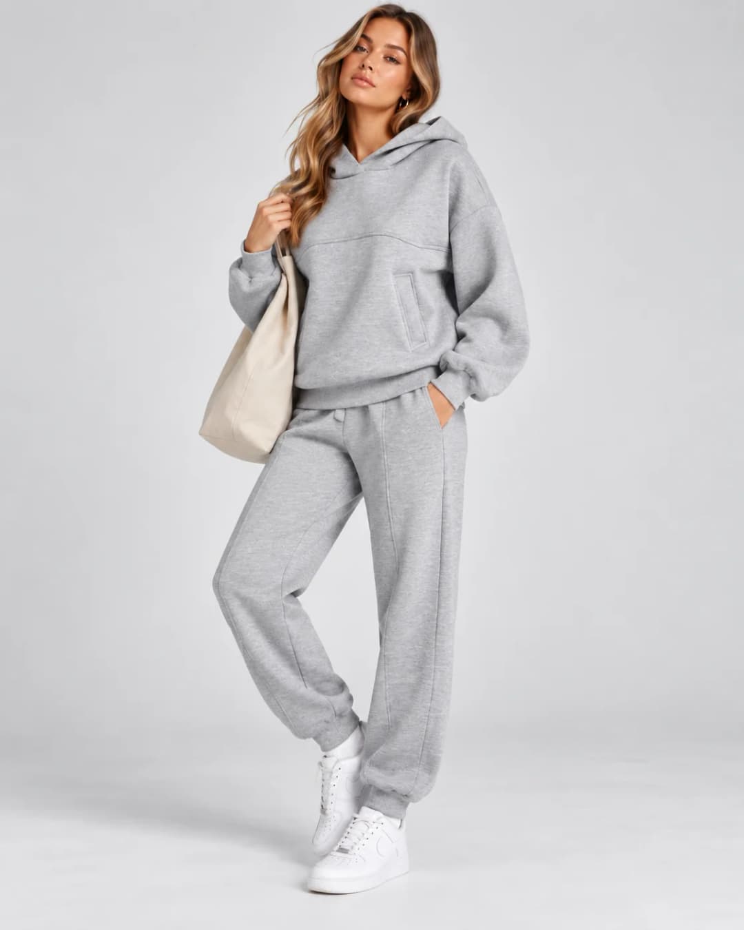 Heather gray hoodie and jogger set styled with a canvas tote and white sneakers