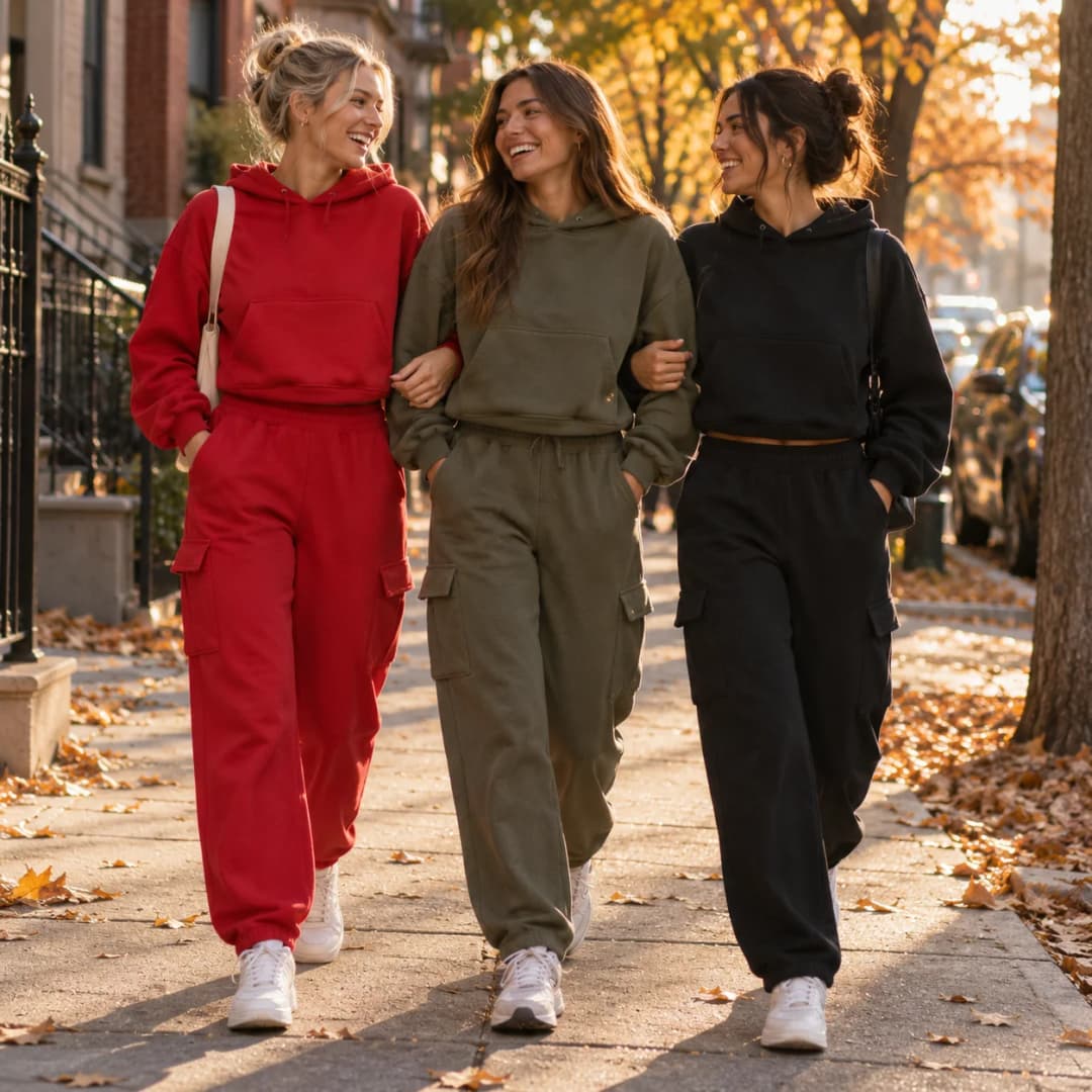 Three friends walking arm in arm on a fall sidewalk, wearing the Kangaroo Pocket Hoodie and Cargo Jogger set in red, olive and black