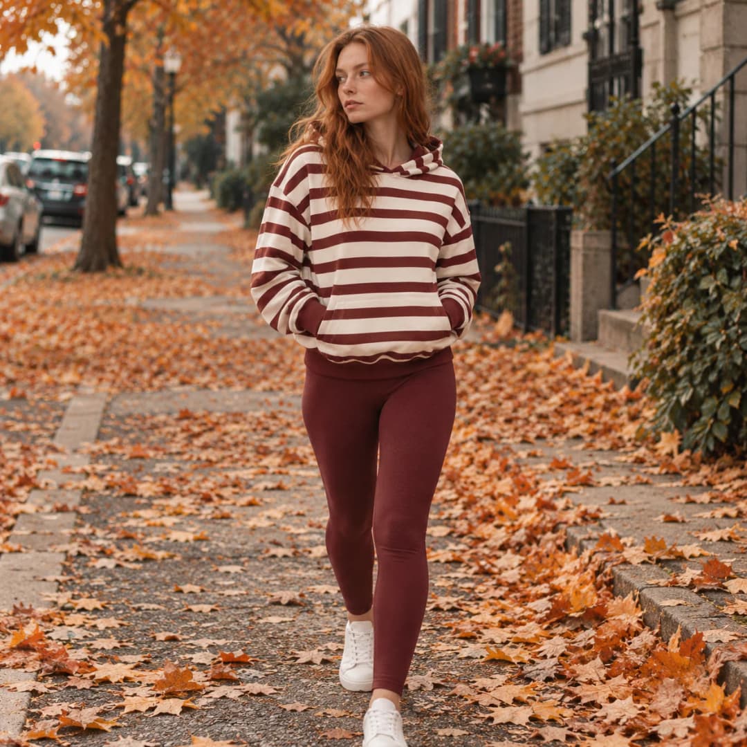 Woman walking down an autumn street covered in leaves, wearing the burgundy and cream Striped Hoodie and burgundy leggings